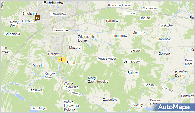 mapa Augustynów gmina Bełchatów, Augustynów gmina Bełchatów na mapie Targeo