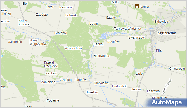 mapa Białowieża gmina Sędziszów, Białowieża gmina Sędziszów na mapie Targeo
