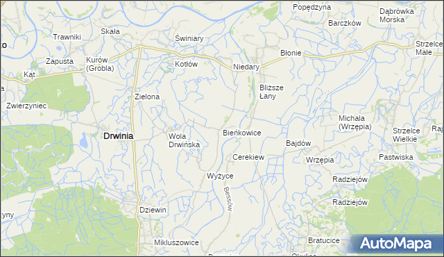 mapa Bieńkowice gmina Drwinia, Bieńkowice gmina Drwinia na mapie Targeo