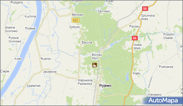 mapa Borowy Młyn gmina Ryjewo, Borowy Młyn gmina Ryjewo na mapie Targeo