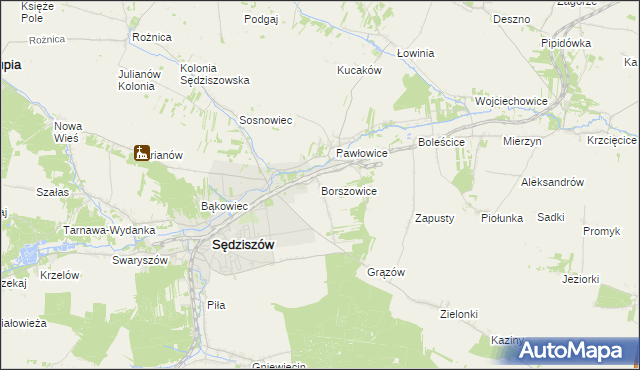 mapa Borszowice gmina Sędziszów, Borszowice gmina Sędziszów na mapie Targeo