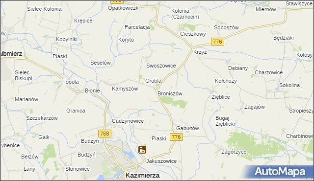 mapa Broniszów gmina Kazimierza Wielka, Broniszów gmina Kazimierza Wielka na mapie Targeo