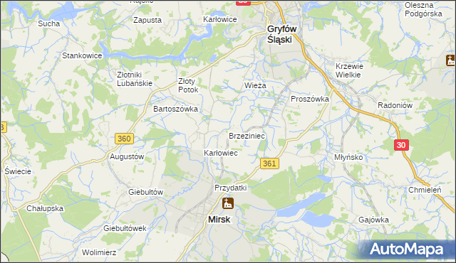 mapa Brzeziniec gmina Mirsk, Brzeziniec gmina Mirsk na mapie Targeo