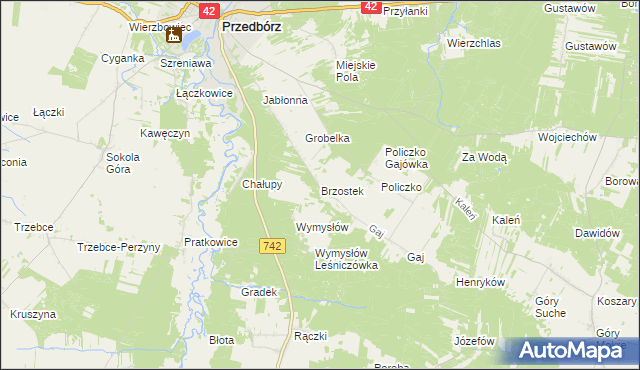 mapa Brzostek gmina Przedbórz, Brzostek gmina Przedbórz na mapie Targeo