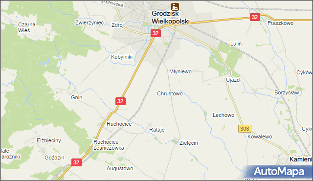 mapa Chrustowo gmina Grodzisk Wielkopolski, Chrustowo gmina Grodzisk Wielkopolski na mapie Targeo