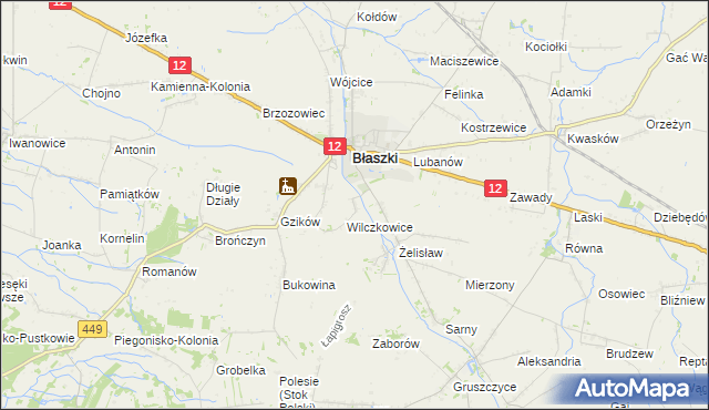 mapa Chrzanowice gmina Błaszki, Chrzanowice gmina Błaszki na mapie Targeo