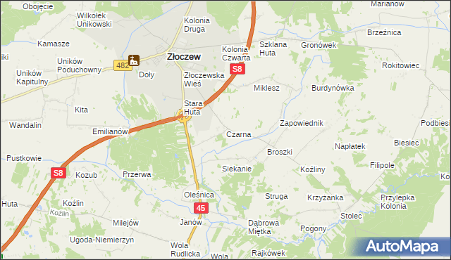 mapa Czarna gmina Złoczew, Czarna gmina Złoczew na mapie Targeo