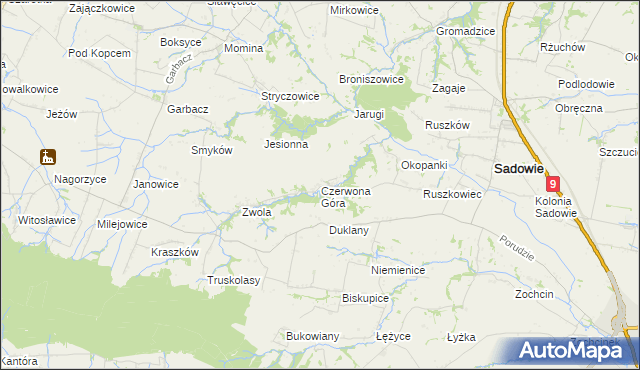 mapa Czerwona Góra gmina Sadowie, Czerwona Góra gmina Sadowie na mapie Targeo
