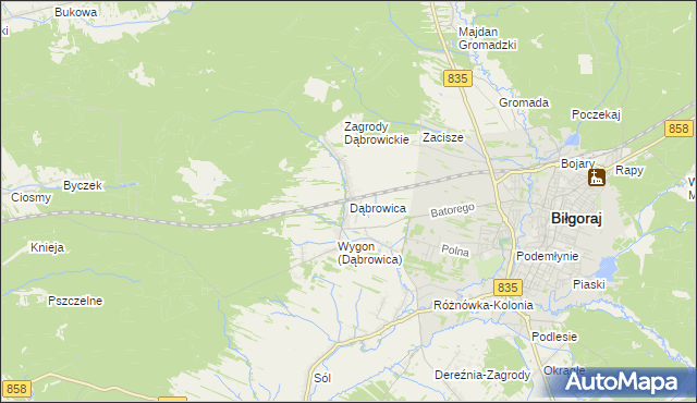 mapa Dąbrowica gmina Biłgoraj, Dąbrowica gmina Biłgoraj na mapie Targeo