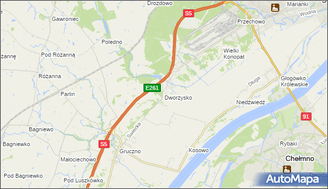 mapa Dworzysko gmina Świecie, Dworzysko gmina Świecie na mapie Targeo