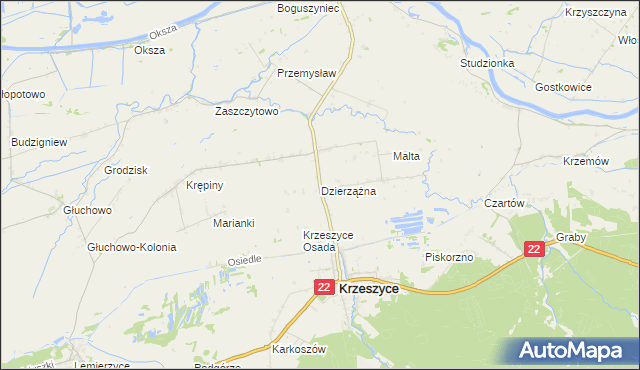 mapa Dzierzążna gmina Krzeszyce, Dzierzążna gmina Krzeszyce na mapie Targeo