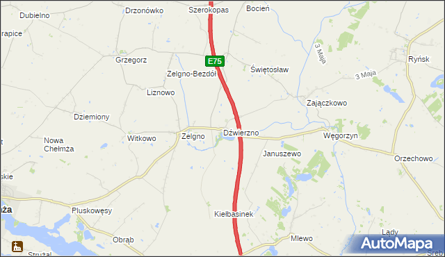 mapa Dźwierzno gmina Chełmża, Dźwierzno gmina Chełmża na mapie Targeo