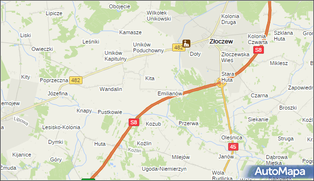 mapa Emilianów gmina Złoczew, Emilianów gmina Złoczew na mapie Targeo