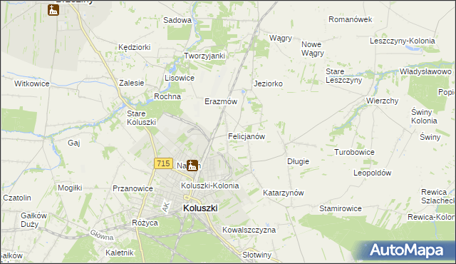 mapa Felicjanów gmina Koluszki, Felicjanów gmina Koluszki na mapie Targeo