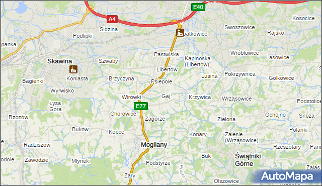 mapa Gaj gmina Mogilany, Gaj gmina Mogilany na mapie Targeo