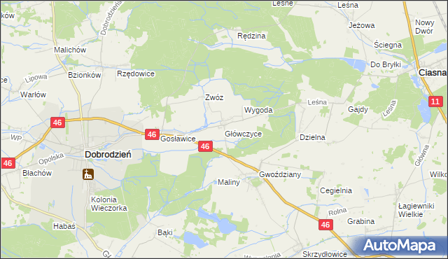 mapa Główczyce gmina Dobrodzień, Główczyce gmina Dobrodzień na mapie Targeo