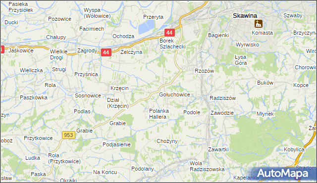 mapa Gołuchowice gmina Skawina, Gołuchowice gmina Skawina na mapie Targeo