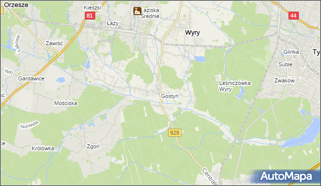 mapa Gostyń gmina Wyry, Gostyń gmina Wyry na mapie Targeo