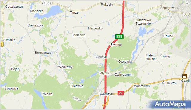 mapa Goszyn gmina Tczew, Goszyn gmina Tczew na mapie Targeo