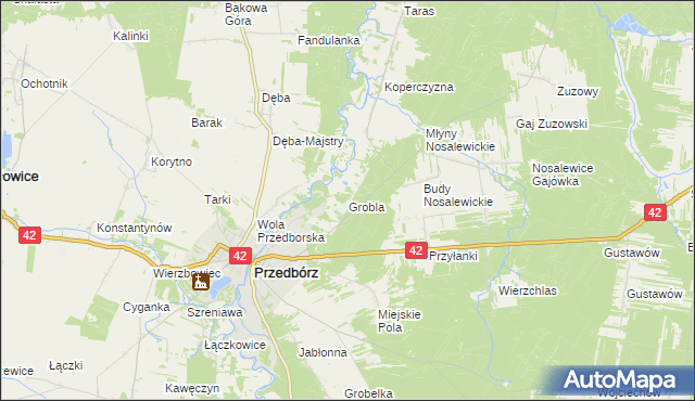 mapa Grobla gmina Przedbórz, Grobla gmina Przedbórz na mapie Targeo