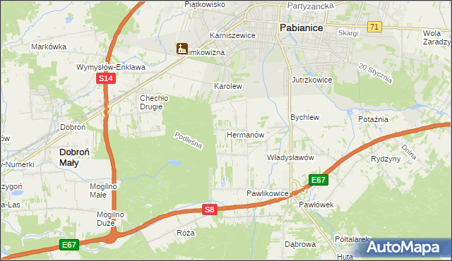 mapa Hermanów gmina Pabianice, Hermanów gmina Pabianice na mapie Targeo