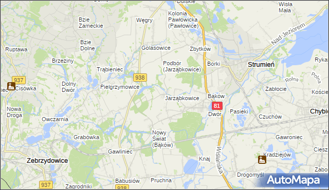 mapa Jarząbkowice gmina Pawłowice, Jarząbkowice gmina Pawłowice na mapie Targeo