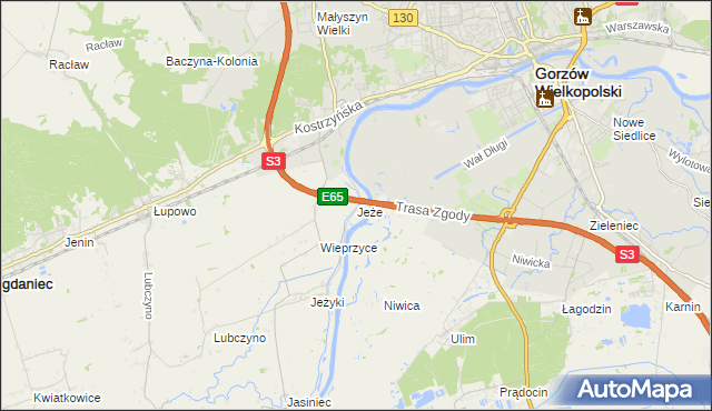 mapa Jeże gmina Bogdaniec, Jeże gmina Bogdaniec na mapie Targeo