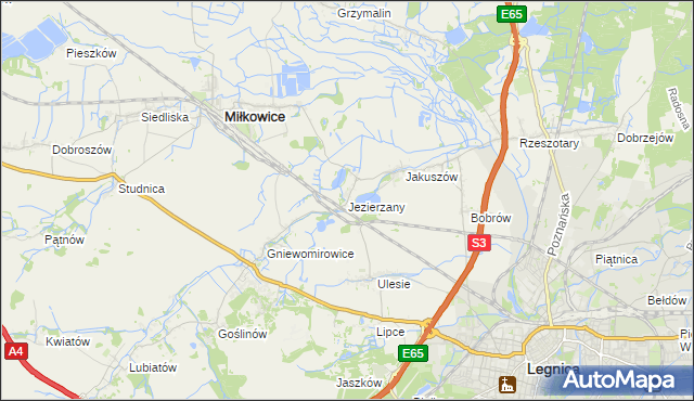 mapa Jezierzany gmina Miłkowice, Jezierzany gmina Miłkowice na mapie Targeo