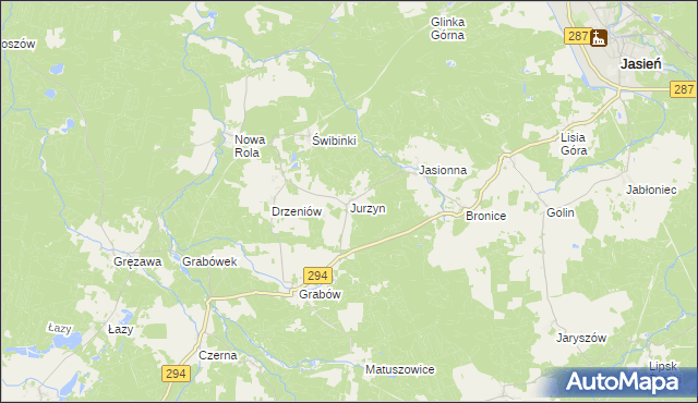 mapa Jurzyn gmina Jasień, Jurzyn gmina Jasień na mapie Targeo