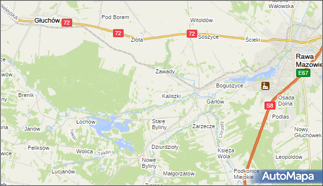 mapa Kaliszki gmina Rawa Mazowiecka, Kaliszki gmina Rawa Mazowiecka na mapie Targeo