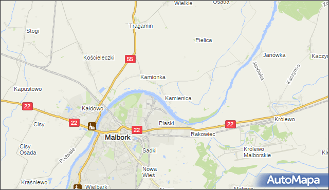 mapa Kamienica gmina Malbork, Kamienica gmina Malbork na mapie Targeo