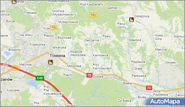 mapa Karniowice gmina Trzebinia, Karniowice gmina Trzebinia na mapie Targeo