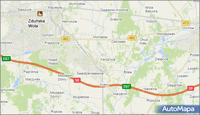 mapa Karsznice gmina Zduńska Wola, Karsznice gmina Zduńska Wola na mapie Targeo