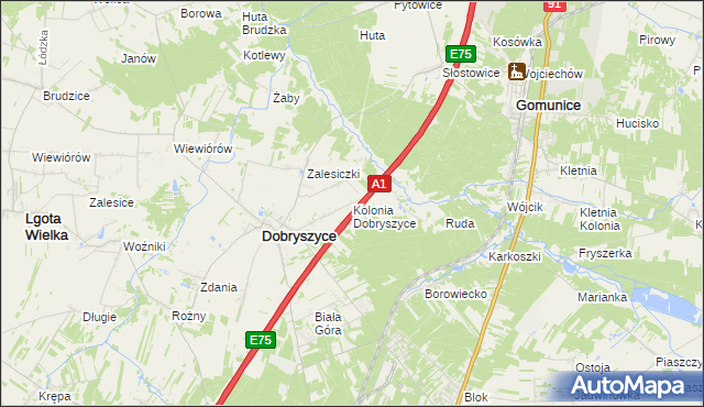 mapa Kolonia Dobryszyce, Kolonia Dobryszyce na mapie Targeo