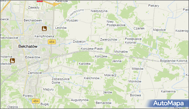 mapa Korczew gmina Bełchatów, Korczew gmina Bełchatów na mapie Targeo