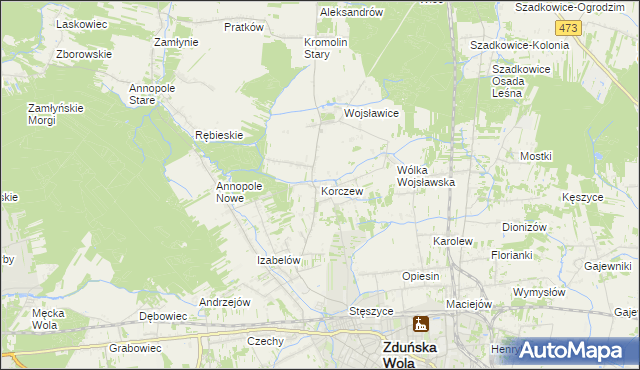 mapa Korczew gmina Zduńska Wola, Korczew gmina Zduńska Wola na mapie Targeo