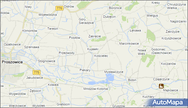 mapa Kościelec gmina Proszowice, Kościelec gmina Proszowice na mapie Targeo