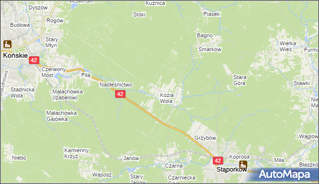 mapa Kozia Wola gmina Stąporków, Kozia Wola gmina Stąporków na mapie Targeo