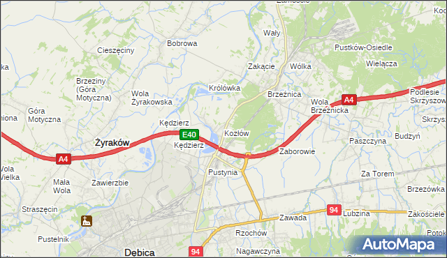 mapa Kozłów gmina Dębica, Kozłów gmina Dębica na mapie Targeo