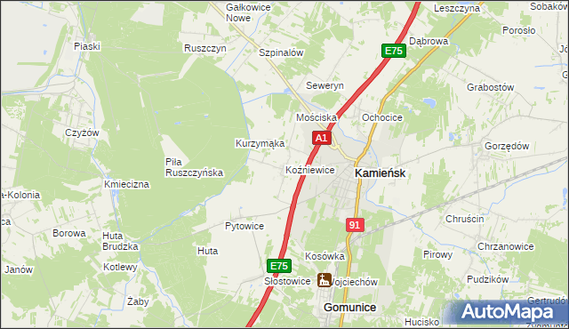 mapa Koźniewice, Koźniewice na mapie Targeo