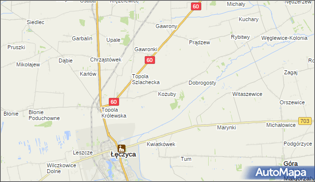 mapa Kozuby gmina Łęczyca, Kozuby gmina Łęczyca na mapie Targeo