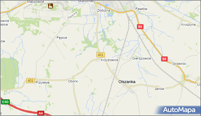 mapa Krzyżowice gmina Olszanka, Krzyżowice gmina Olszanka na mapie Targeo