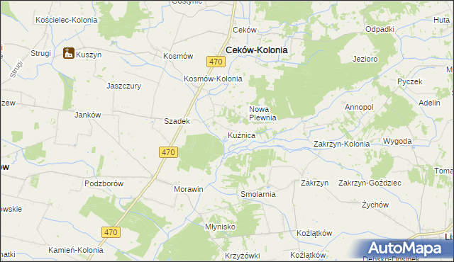 mapa Kuźnica gmina Ceków-Kolonia, Kuźnica gmina Ceków-Kolonia na mapie Targeo