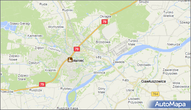 mapa Łęg gmina Połaniec, Łęg gmina Połaniec na mapie Targeo