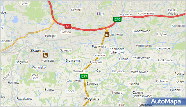 mapa Libertów gmina Mogilany, Libertów gmina Mogilany na mapie Targeo
