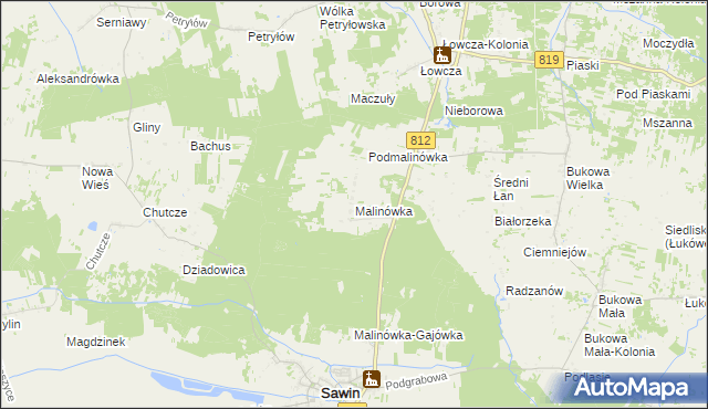 mapa Malinówka gmina Sawin, Malinówka gmina Sawin na mapie Targeo