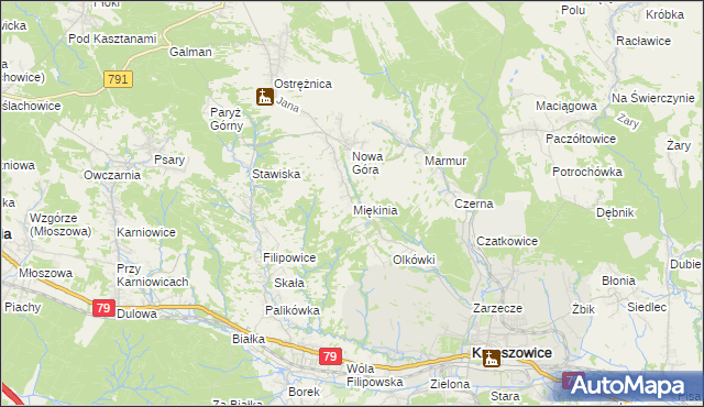 mapa Miękinia gmina Krzeszowice, Miękinia gmina Krzeszowice na mapie Targeo