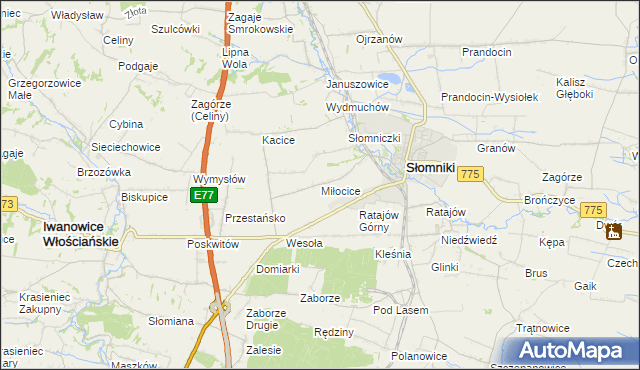 mapa Miłocice gmina Słomniki, Miłocice gmina Słomniki na mapie Targeo