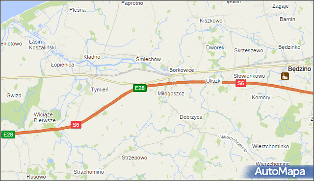 mapa Miłogoszcz gmina Będzino, Miłogoszcz gmina Będzino na mapie Targeo