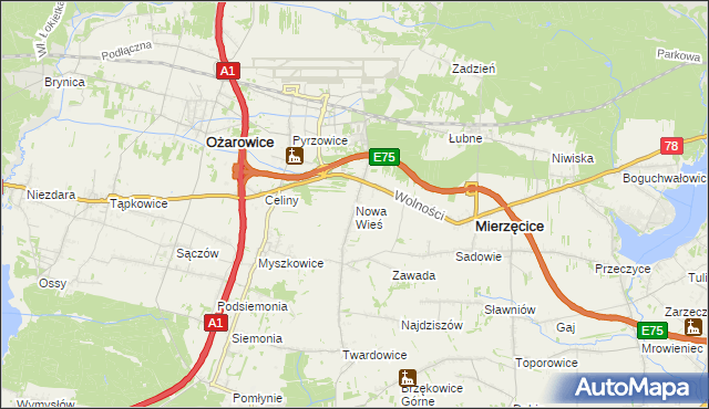 mapa Nowa Wieś gmina Mierzęcice, Nowa Wieś gmina Mierzęcice na mapie Targeo